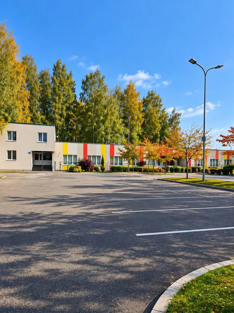 Ēka Līvciema ielā 48A ar stāvlaukumu priekšā